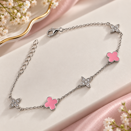 925 Sterling Silver Pink Clover & Sparkling Flower Bracelet for Women | Ladies Bracelet – Laxmi Jewellers