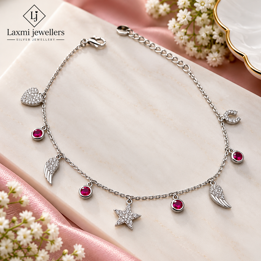 925 Sterling Silver Charm Bracelet for Women | Stylish Ladies Silver Bracelet with Heart, Star & Angel Charms