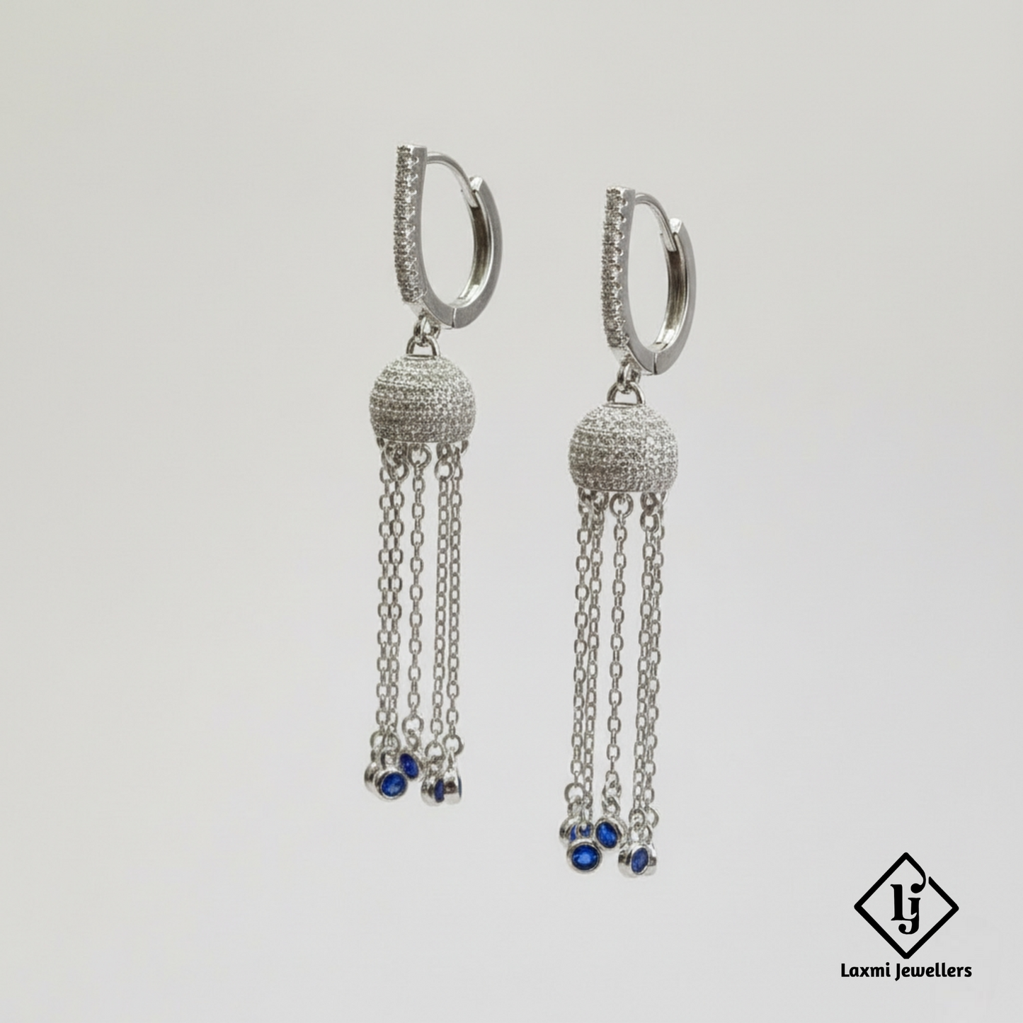925 Sterling Silver Bali Style Chain Drop Earrings with Blue Stones | Designer Silver Earrings for Women