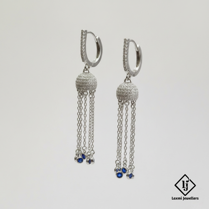 925 Sterling Silver Bali Style Chain Drop Earrings with Blue Stones | Designer Silver Earrings for Women