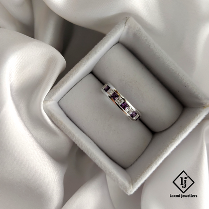 925 Silver Band Ring with Princess-Cut Purple & White CZ Stones – Unisex Elegant Design