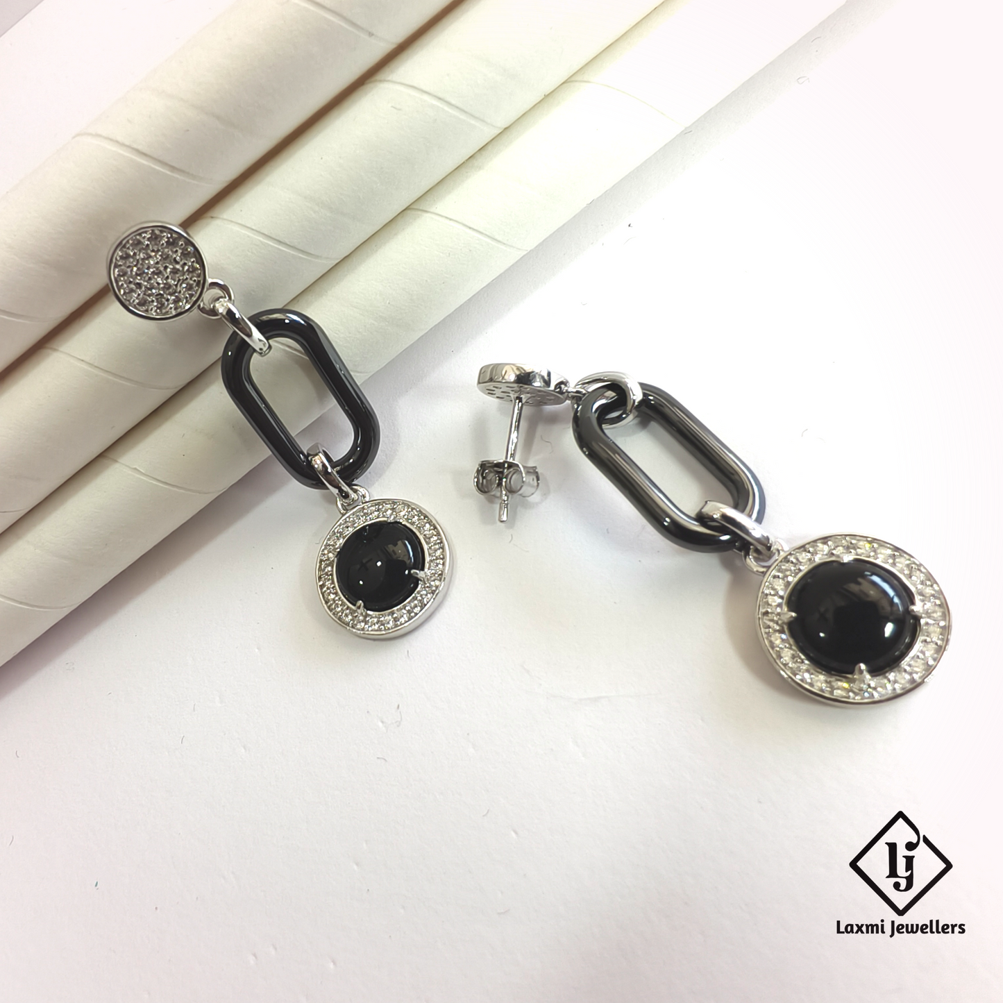 925 Silver Black Stone Designer Drop Earrings for Women | CZ Studded Party Wear Earrings