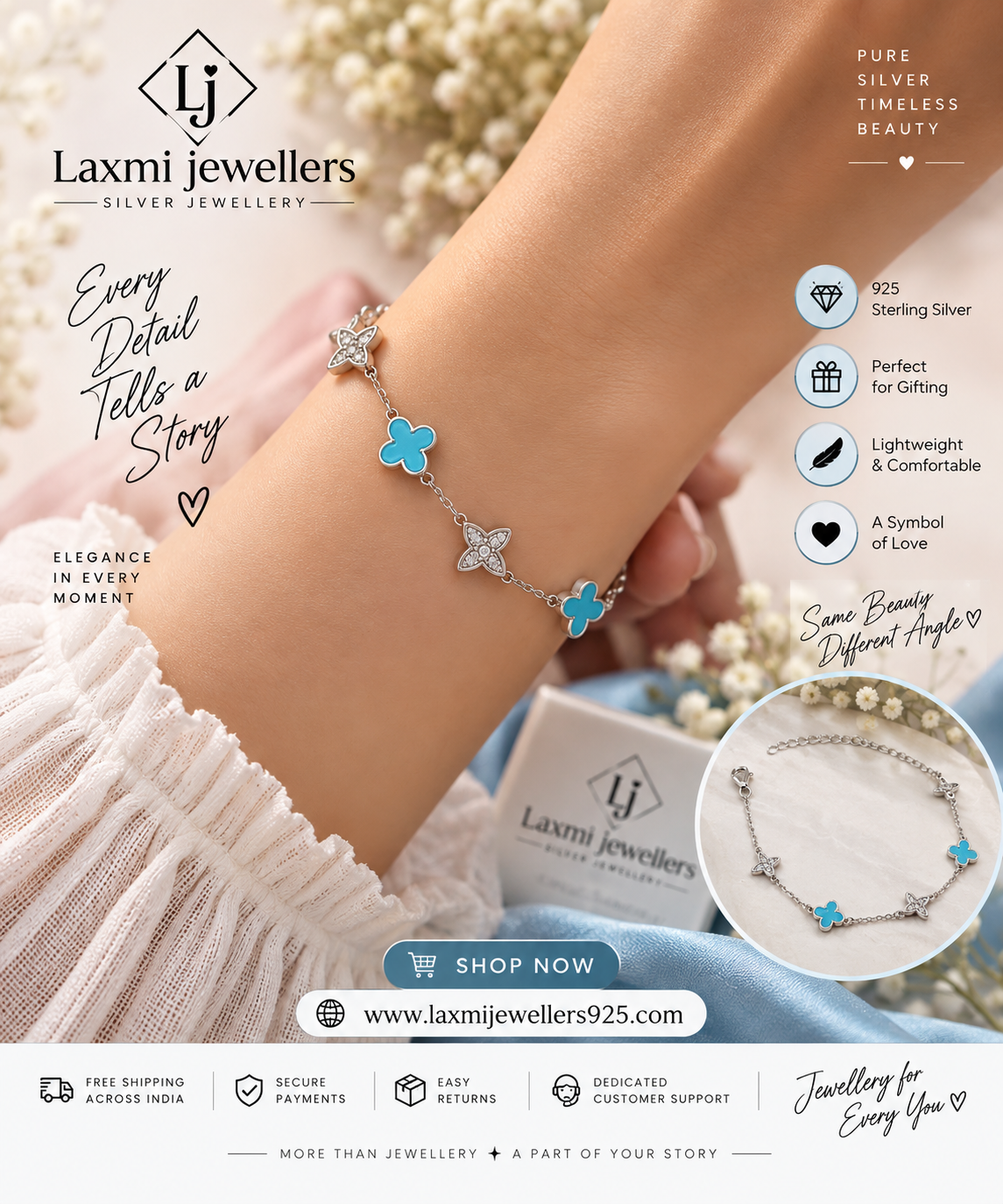 925 Sterling Silver Blue Flower Bracelet for Women | Elegant Floral Charm Bracelet – Laxmi Jewellers