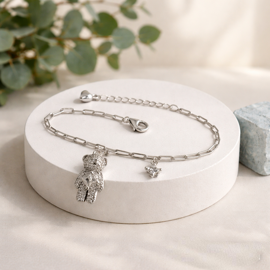 925 Sterling Silver Teddy Charm Bracelet for Women | Cute Designer Ladies Bracelet