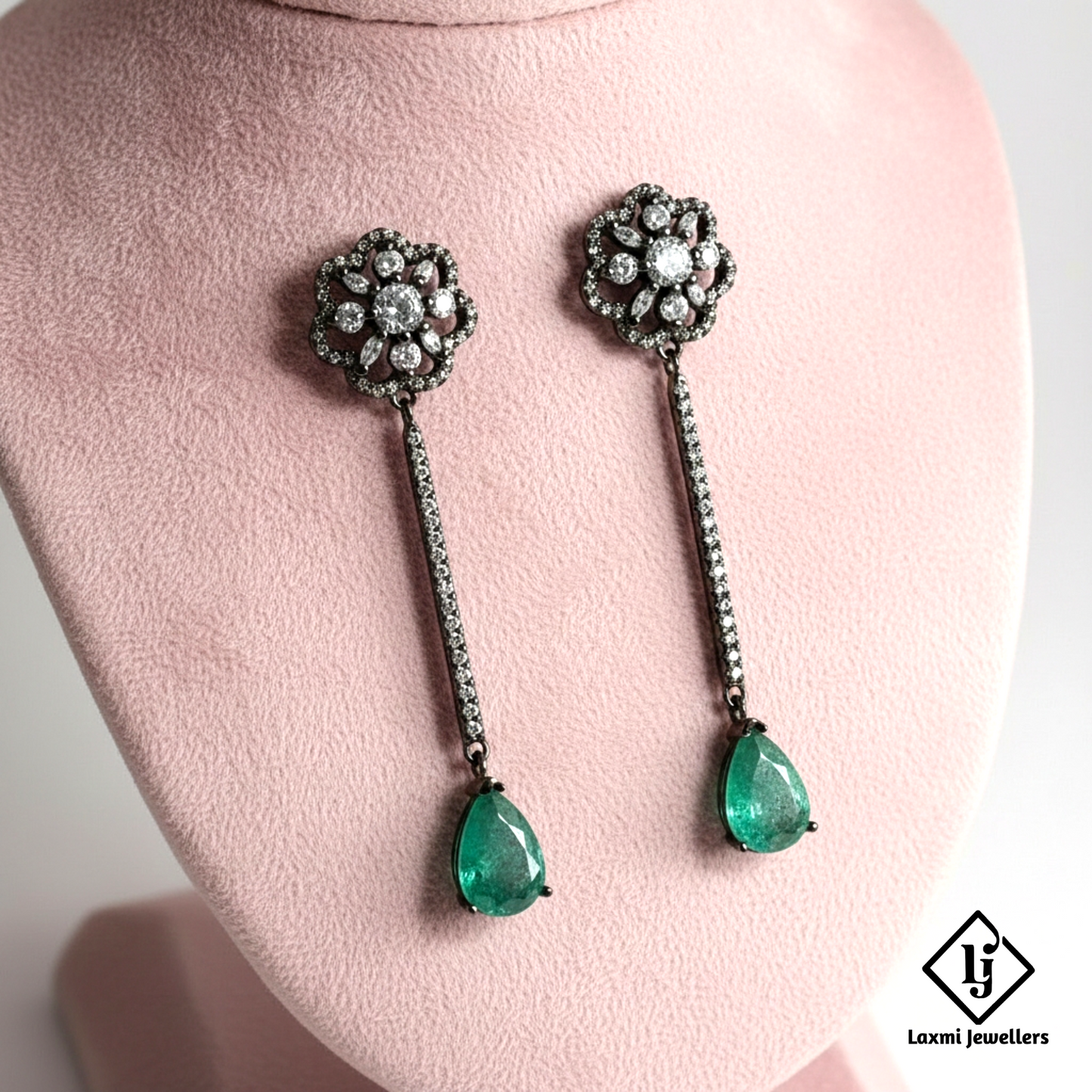 Designer Green Teardrop Long Drop Earrings with CZ Stones | Party & Bridal Wear Earrings for Women
