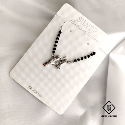 925 Silver Black Beaded Mangalsutra with Bird Pendant – Elegant and Stylish Necklace for Women