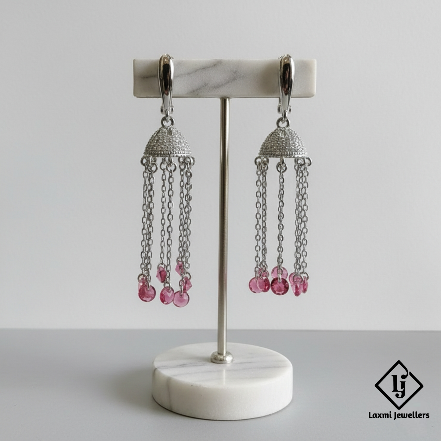 925 Sterling Silver Pink Bead Chain Jhumka Bali Style Earrings for Women | Designer Party Wear Drop Earrings