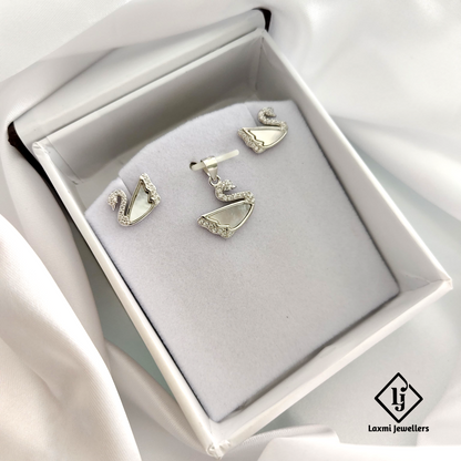 925 Silver Swan Pendant Set for Women | CZ Stone & Mother of Pearl Design