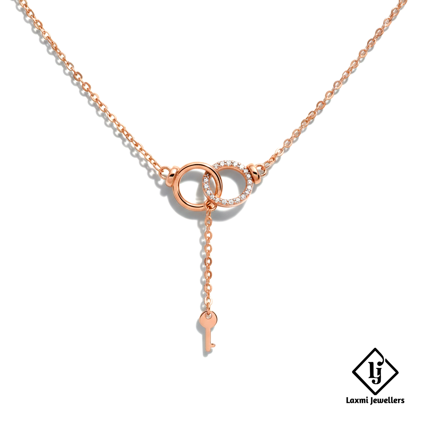 925 Sterling Silver Rose Gold Double Ring Key Pendant Necklace for Women | Designer Love Lock Chain