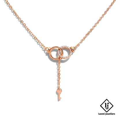 925 Sterling Silver Rose Gold Double Ring Key Pendant Necklace for Women | Designer Love Lock Chain