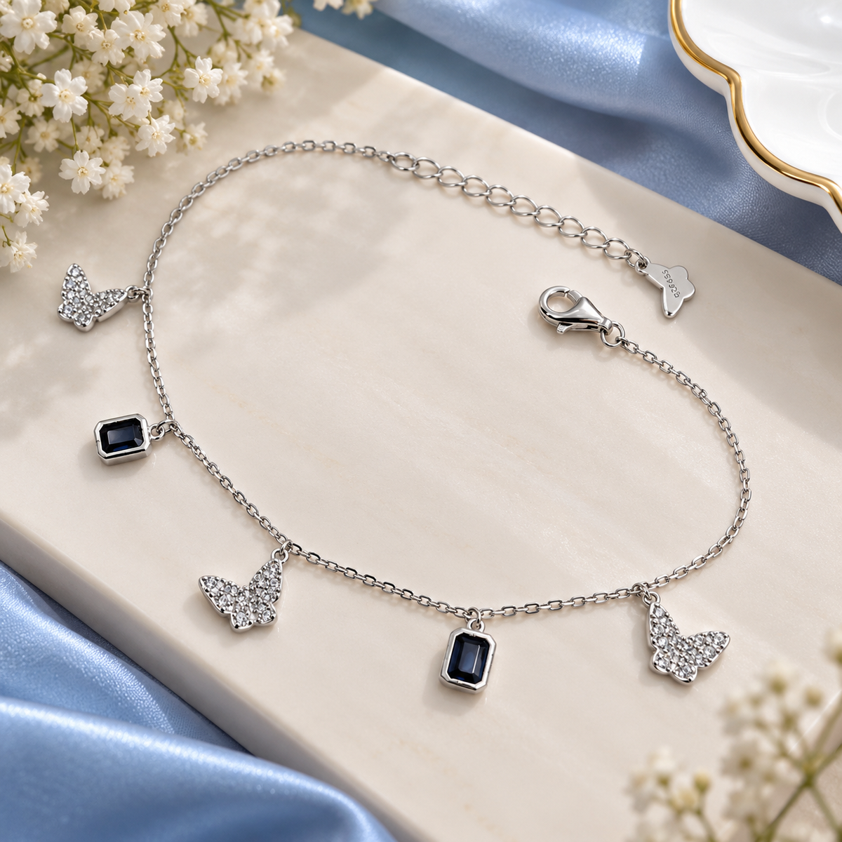 925 Sterling Silver Butterfly Bracelet for Women | Blue Stone Charm Bracelet – Laxmi Jewellers