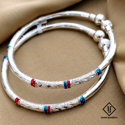 925 Silver Ladies Bangles with Red & Blue Enamel – Traditional Oxidised Kada Pair for Women