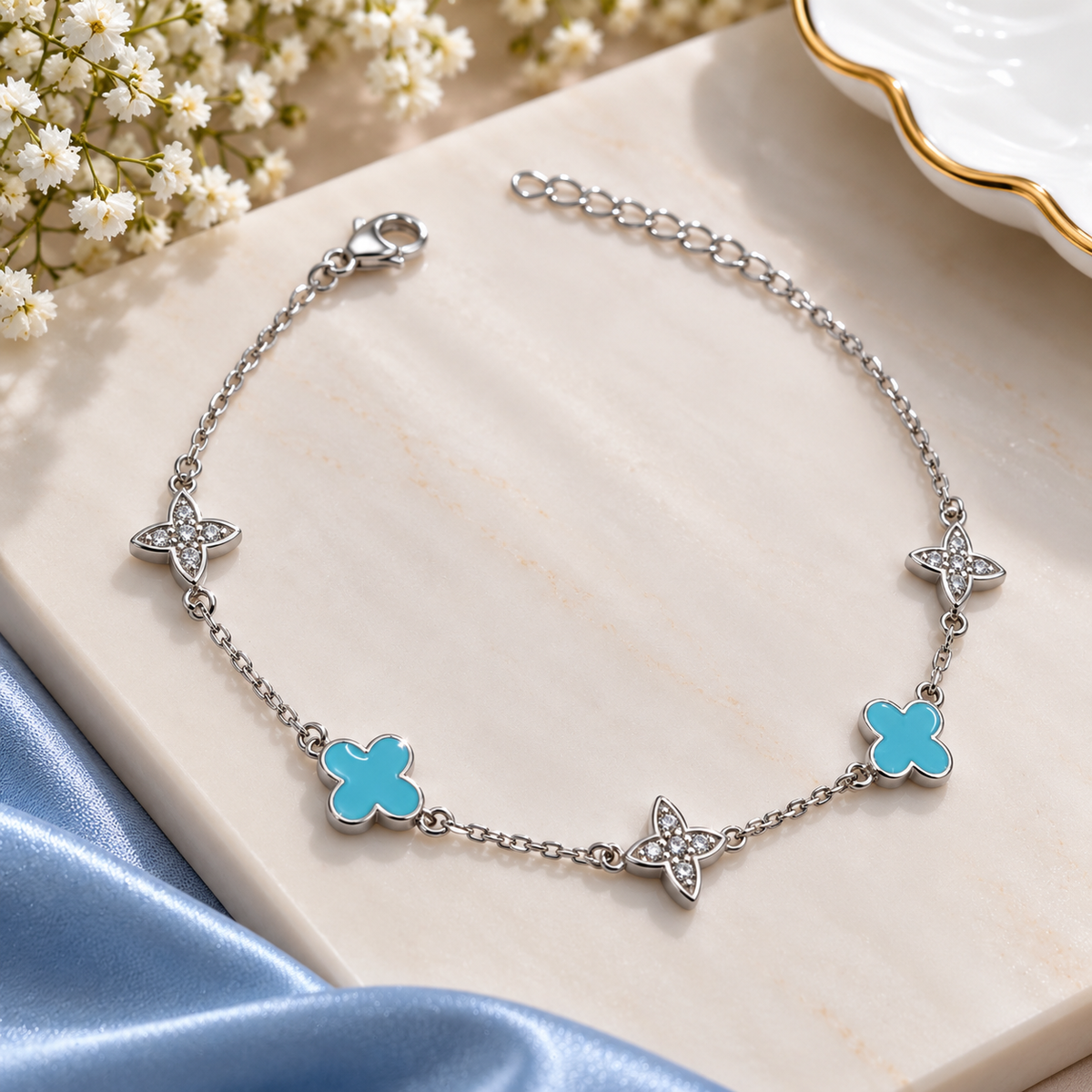 925 Sterling Silver Blue Flower Bracelet for Women | Elegant Floral Charm Bracelet – Laxmi Jewellers