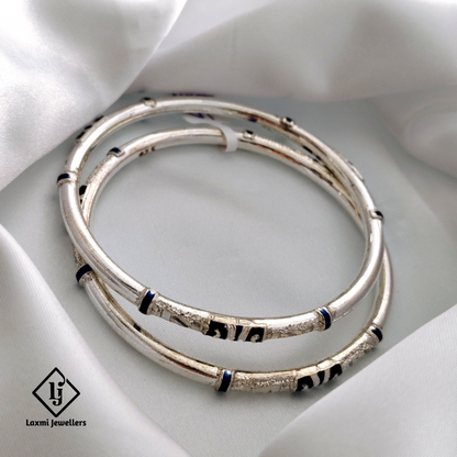 925 Sterling Silver Bangles for Women with Black & Blue Enamel Design – Traditional Handmade Kada