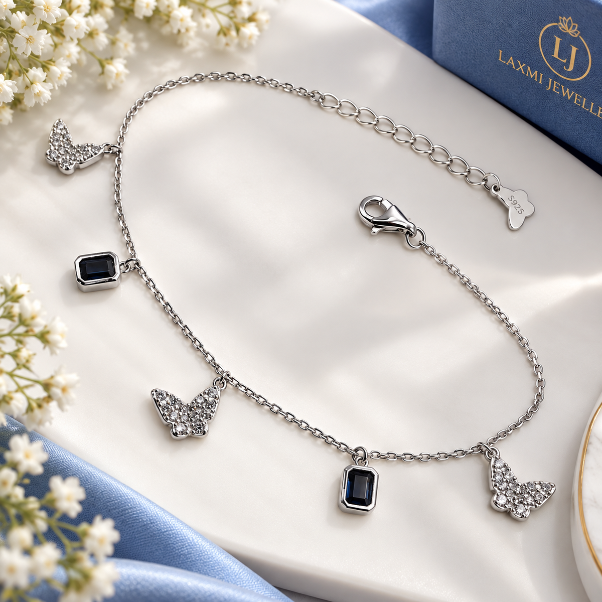 925 Sterling Silver Butterfly Bracelet for Women | Blue Stone Charm Bracelet – Laxmi Jewellers