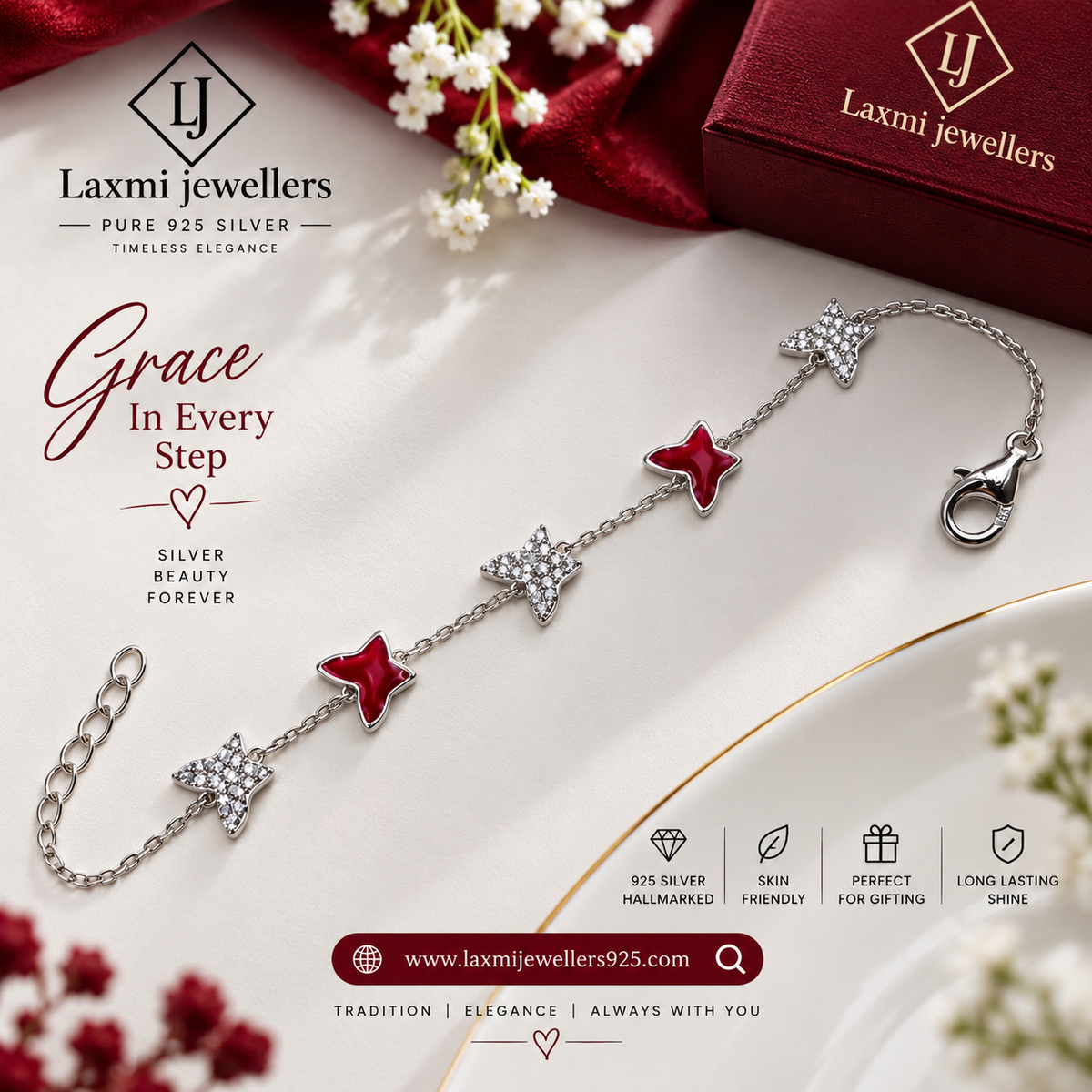 925 Sterling Silver Red & White Star Bracelet for Women | Star Charm Bracelet – Laxmi Jewellers