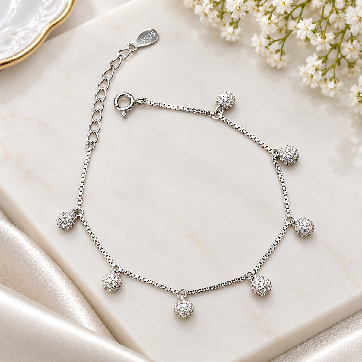 925 Sterling Silver Ball Charm Bracelet for Women | Elegant Ladies Silver Bracelet