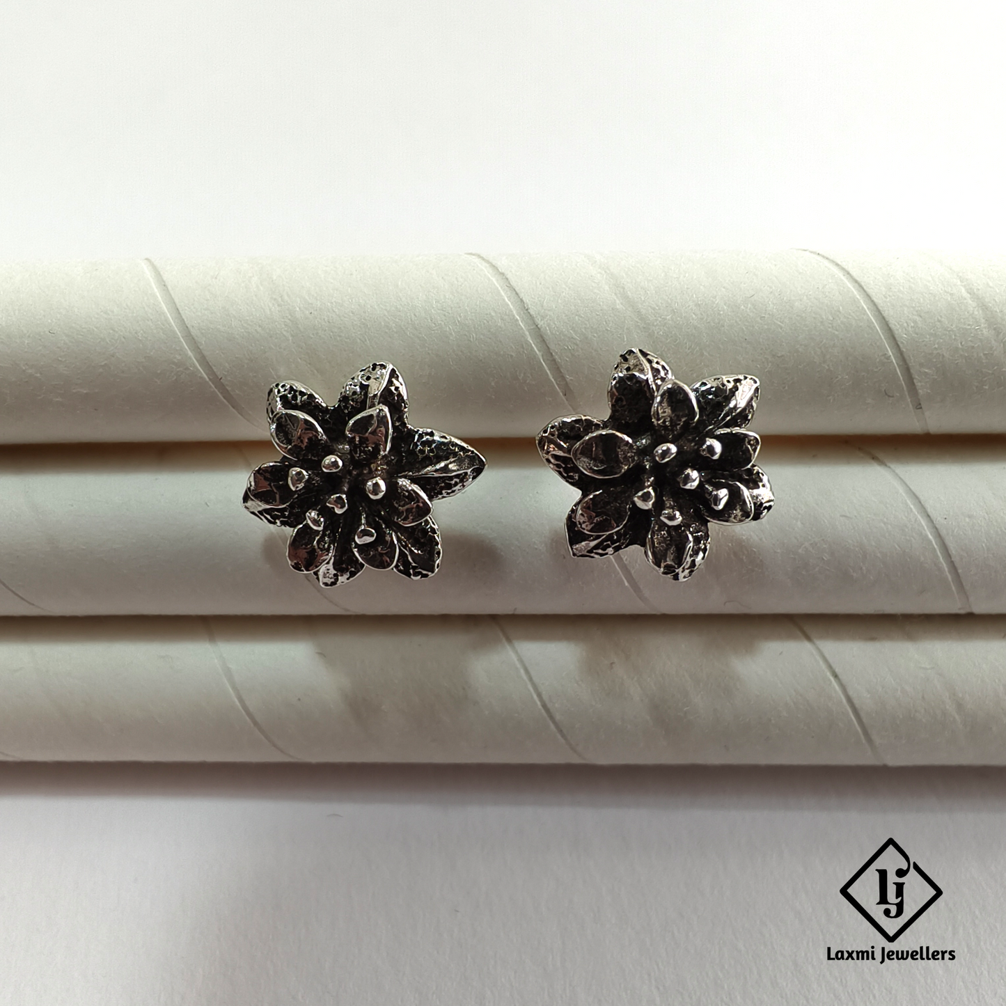 925 Sterling Silver Oxidised Flower Stud Earrings for Women | Laxmi Jewellers