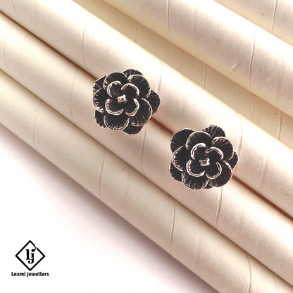 925 Sterling Silver Oxidised Flower Stud Earrings | Handmade Silver Earrings for Women