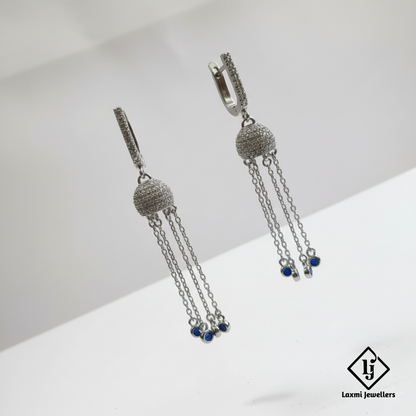 925 Sterling Silver Bali Style Chain Drop Earrings with Blue Stones | Designer Silver Earrings for Women