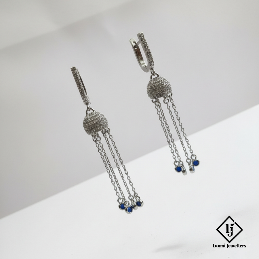 925 Sterling Silver Bali Style Chain Drop Earrings with Blue Stones | Designer Silver Earrings for Women