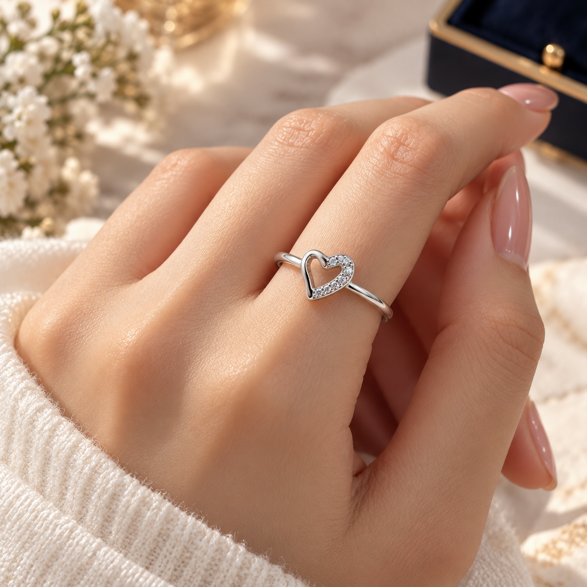 925 Sterling Silver Open Heart Crystal Ladies Ring for Women | Elegant Silver Heart Design Ring – Laxmi Jewellers