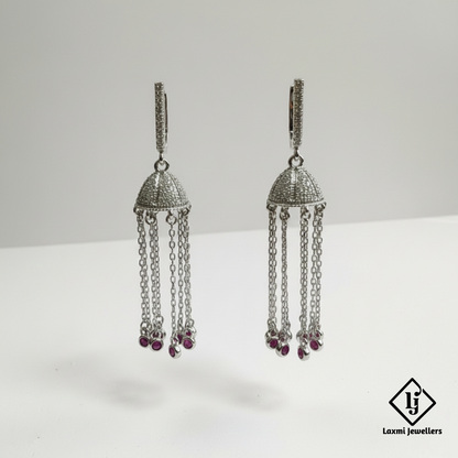 925 Sterling Silver Bali Style Tassel Earrings with Pink Stone | Designer Silver Earrings