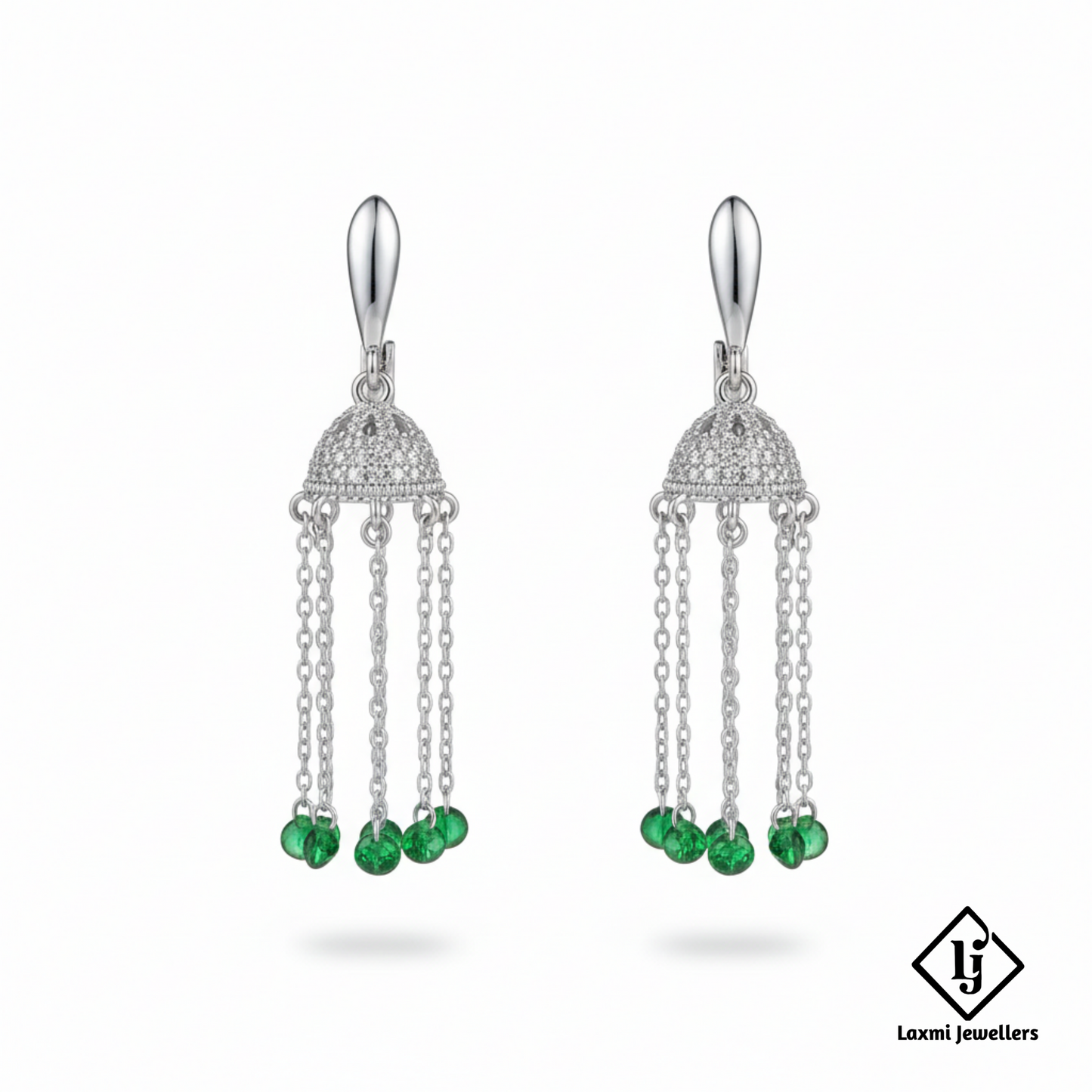 925 Sterling Silver Green Beads Jhumka Drop Earrings for Women | Designer Chain Tassel Earrings