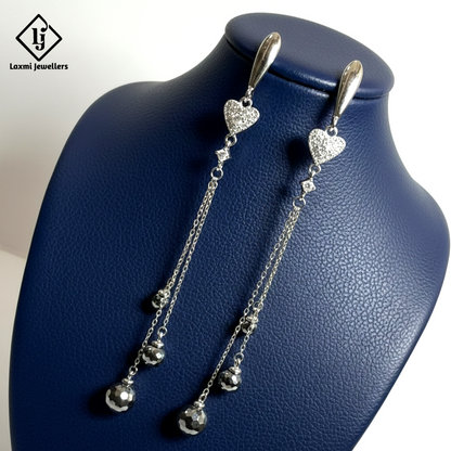 925 Silver Heart Chain Drop Earrings for Women | Designer Long Danglers with CZ Stones