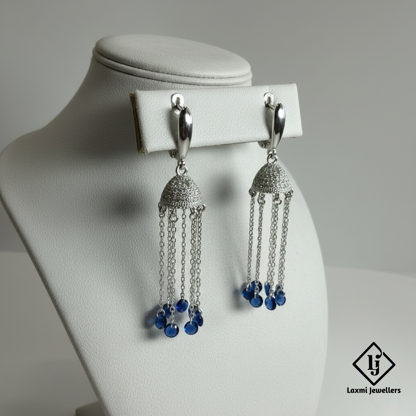 925 Sterling Silver Chain Jhumka Earrings with Blue Beads | Designer Party Wear Earrings for Women
