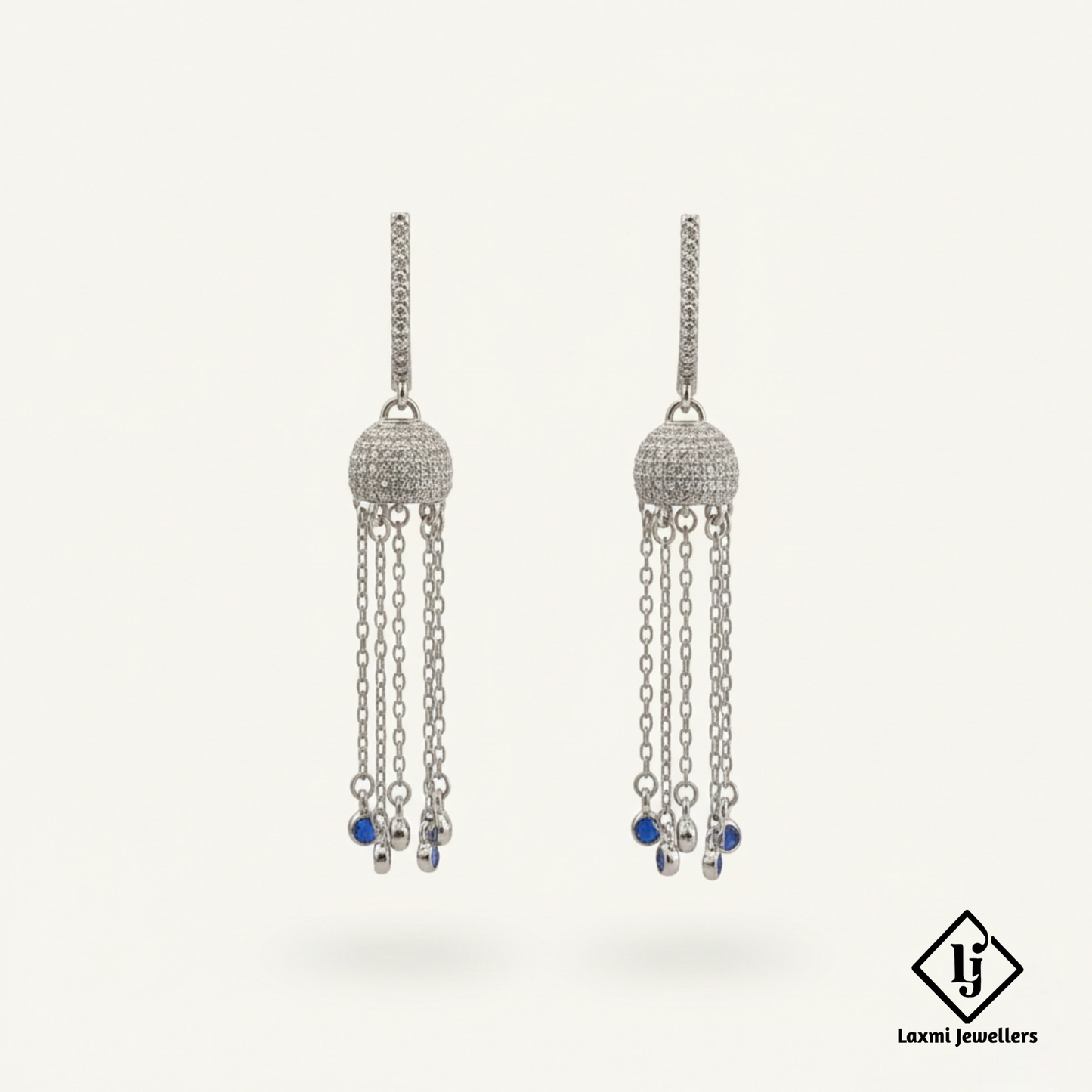 925 Sterling Silver Bali Style Chain Drop Earrings with Blue Stones | Designer Silver Earrings for Women