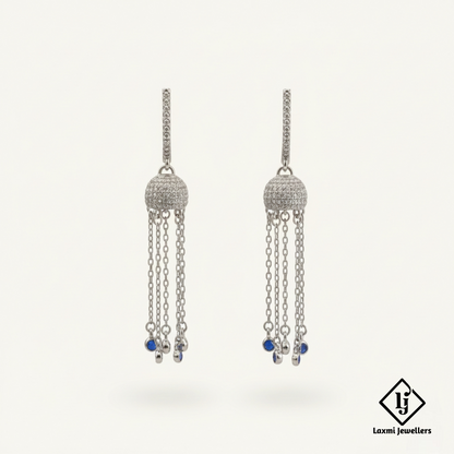 925 Sterling Silver Bali Style Chain Drop Earrings with Blue Stones | Designer Silver Earrings for Women