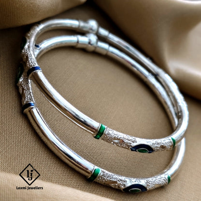 925 Sterling Silver Peacock Design Kada Bangles – Traditional Green and Blue Enamel Work
