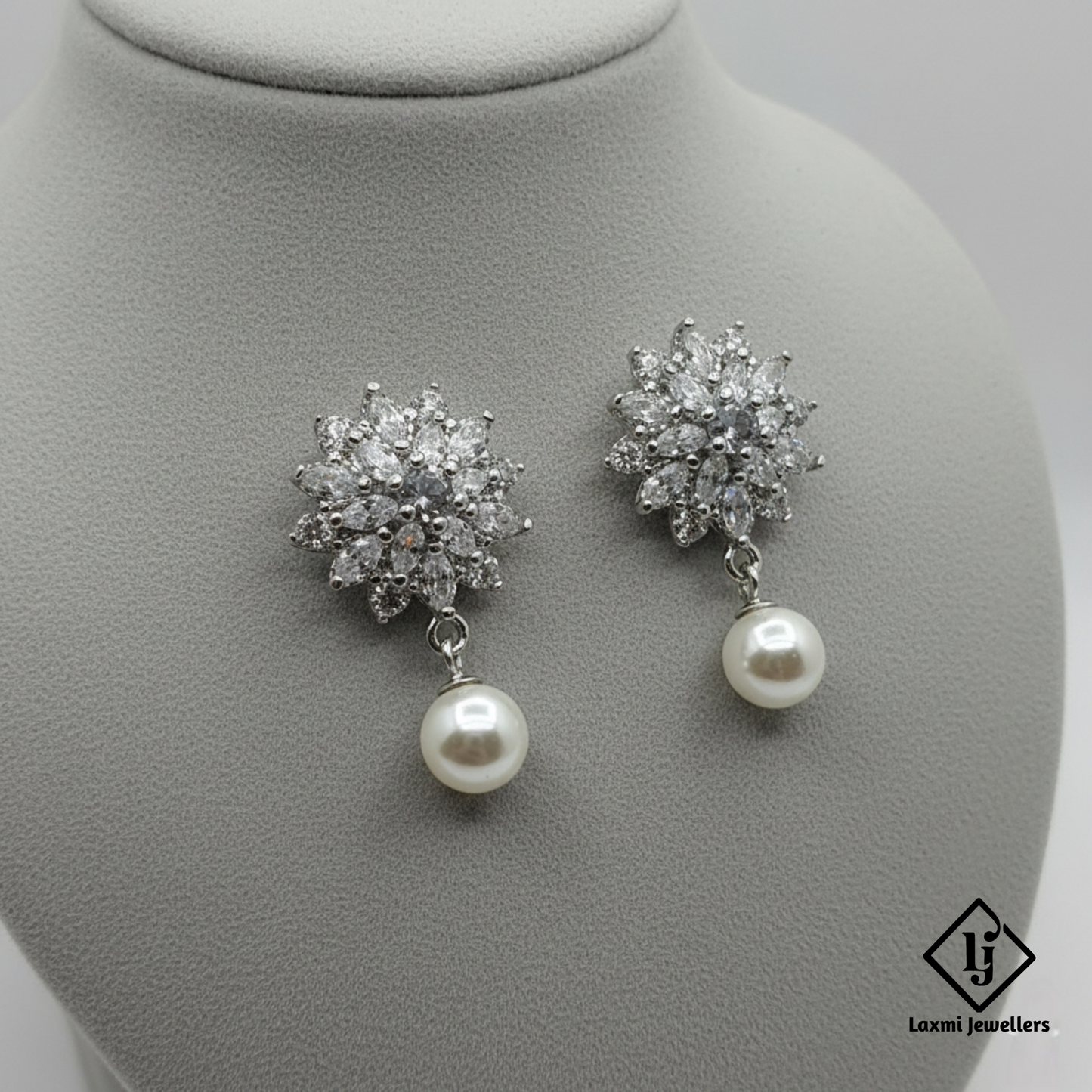 Designer Floral Crystal Pearl Drop Silver Earrings for Women | Party & Wedding Wear