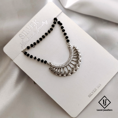 Elegant 925 Sterling Silver Mangalsutra with Black Beads and Modern Pendant Design