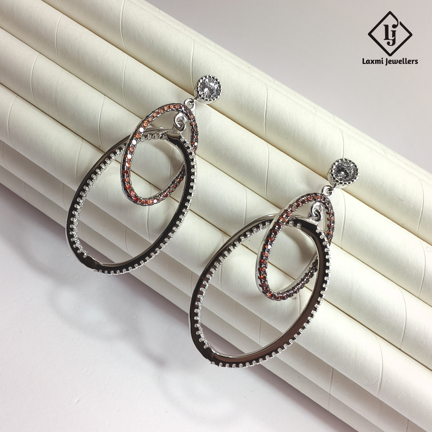 925 Silver Dual Oval Hoop Dangler Earrings for Women | Designer CZ Party Wear Earrings