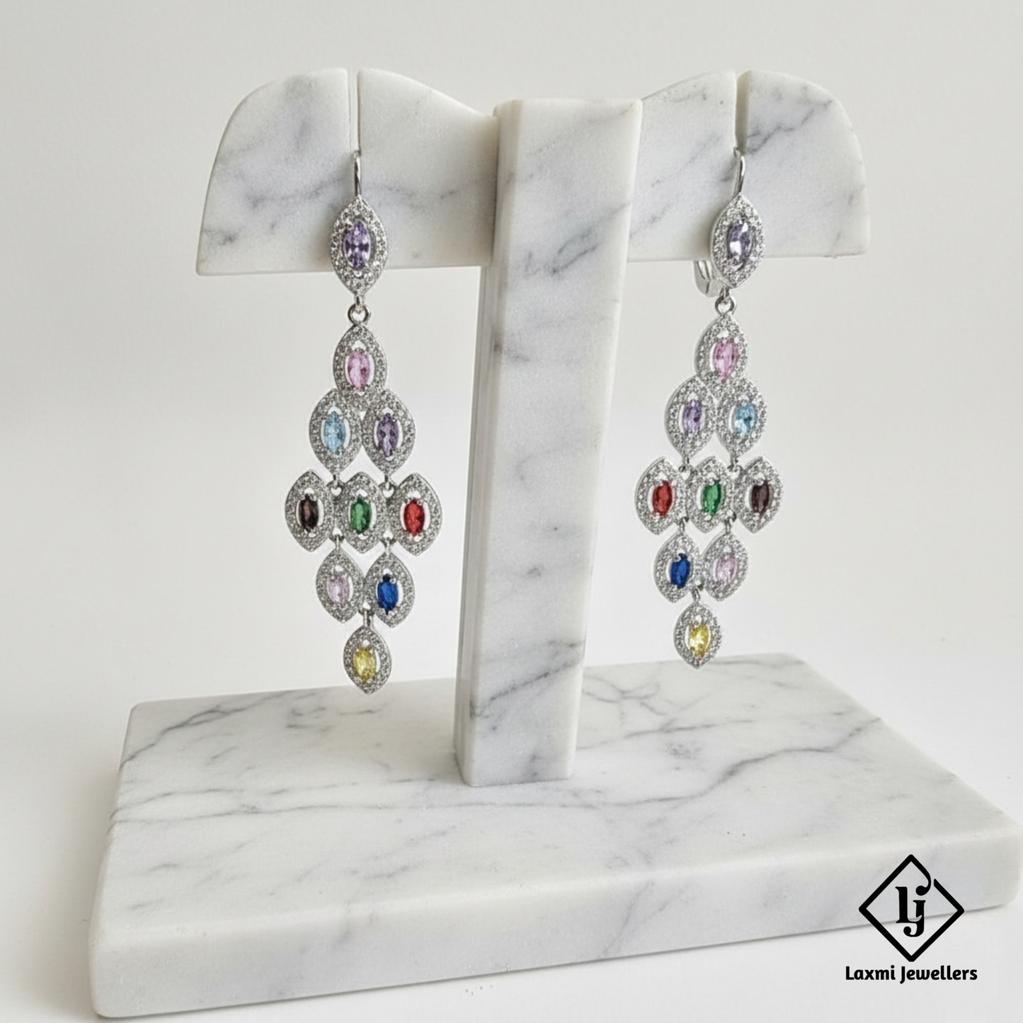 925 Silver Multicolour Stone Dangler Earrings for Women | Designer CZ Party Wear Earrings