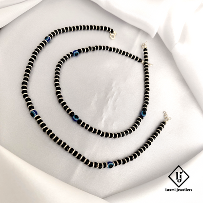 Elegant Black Beaded Anklet Set with Evil Eye Charm – Protection & Style