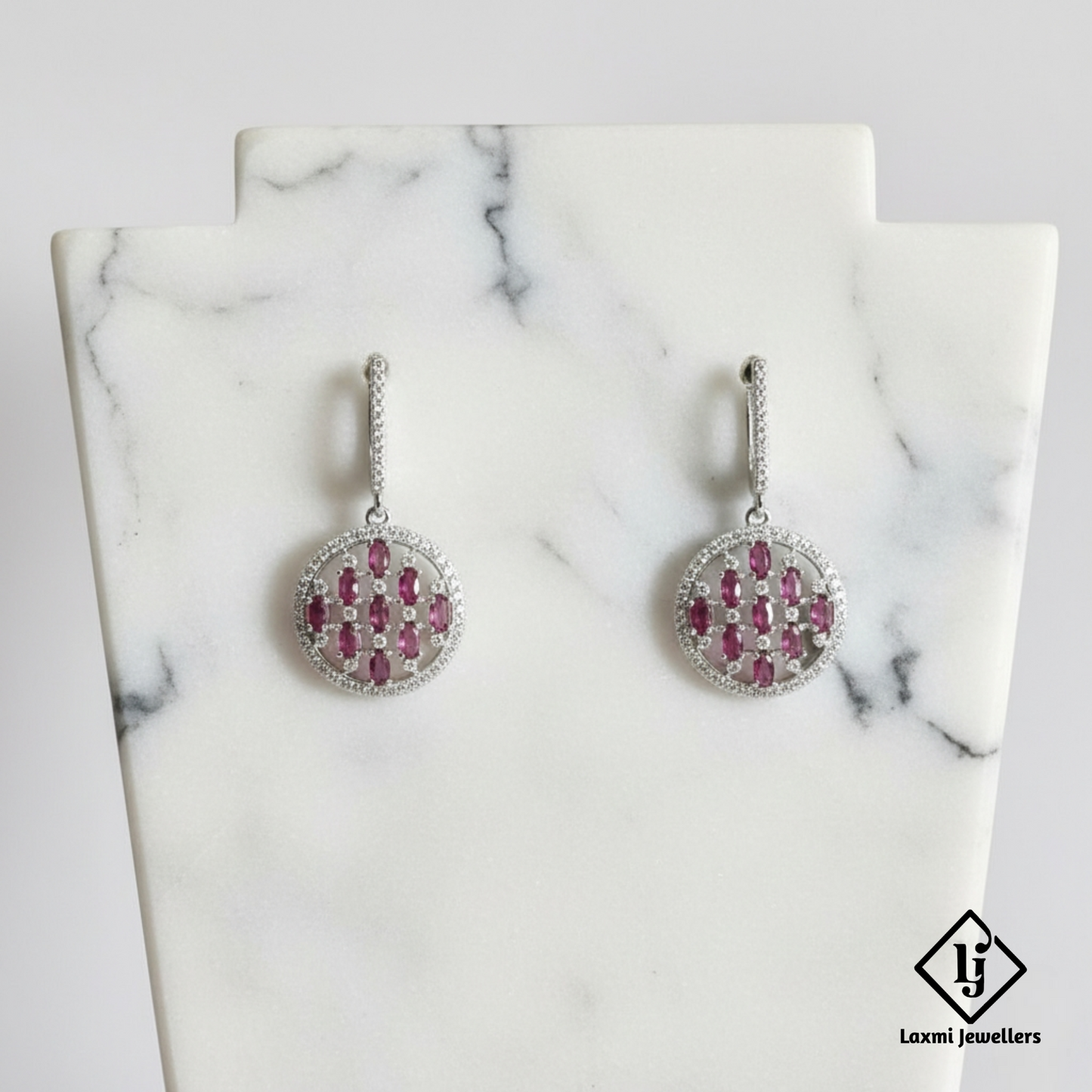 925 Sterling Silver Pink Stone Round Drop Earrings | Designer Party Wear Earrings for Women