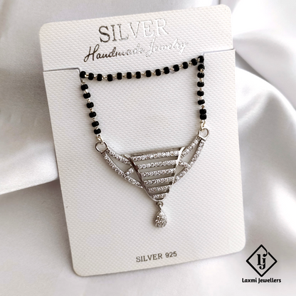 925 Sterling Silver Mangalsutra Necklace with Sparkling Crystal Pendant – Traditional Black Beads Design