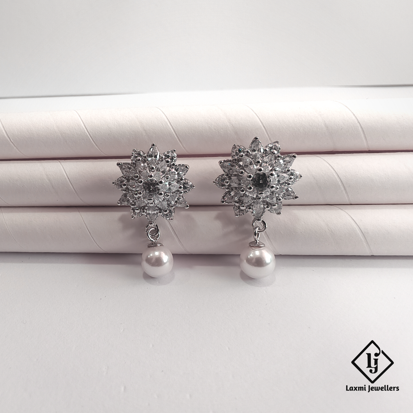 Designer Floral Crystal Pearl Drop Silver Earrings for Women | Party & Wedding Wear