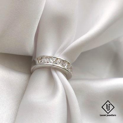 925 Sterling Silver Band Ring with Princess-Cut White CZ Stones | Elegant Unisex Jewelry
