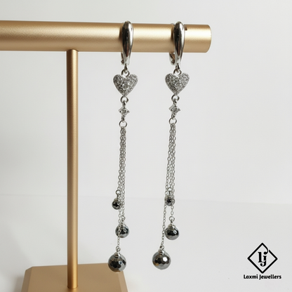 925 Silver Heart Chain Drop Earrings for Women | Designer Long Danglers with CZ Stones
