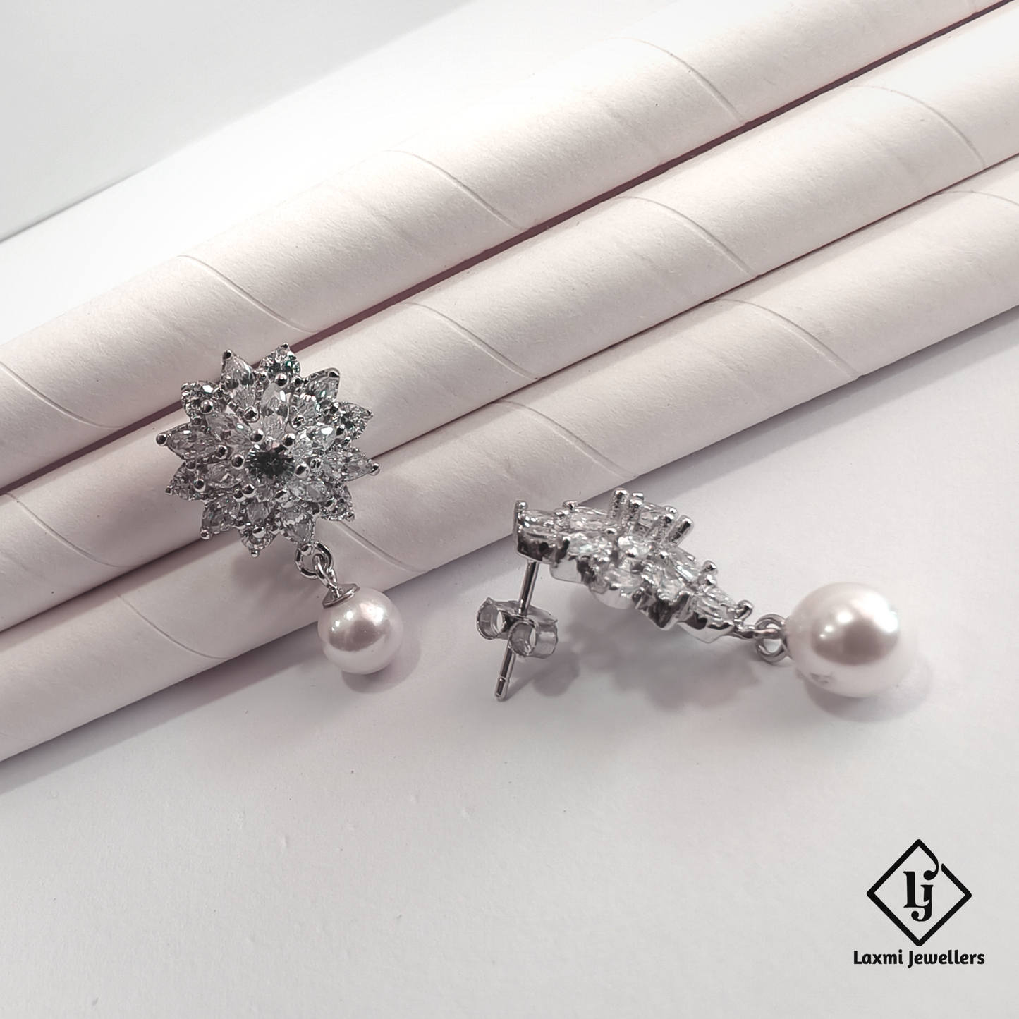 Designer Floral Crystal Pearl Drop Silver Earrings for Women | Party & Wedding Wear