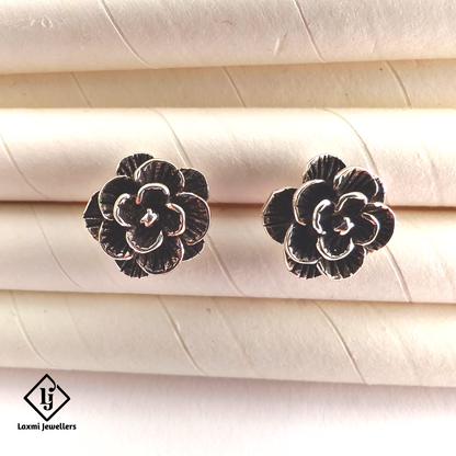 925 Sterling Silver Oxidised Flower Stud Earrings | Handmade Silver Earrings for Women