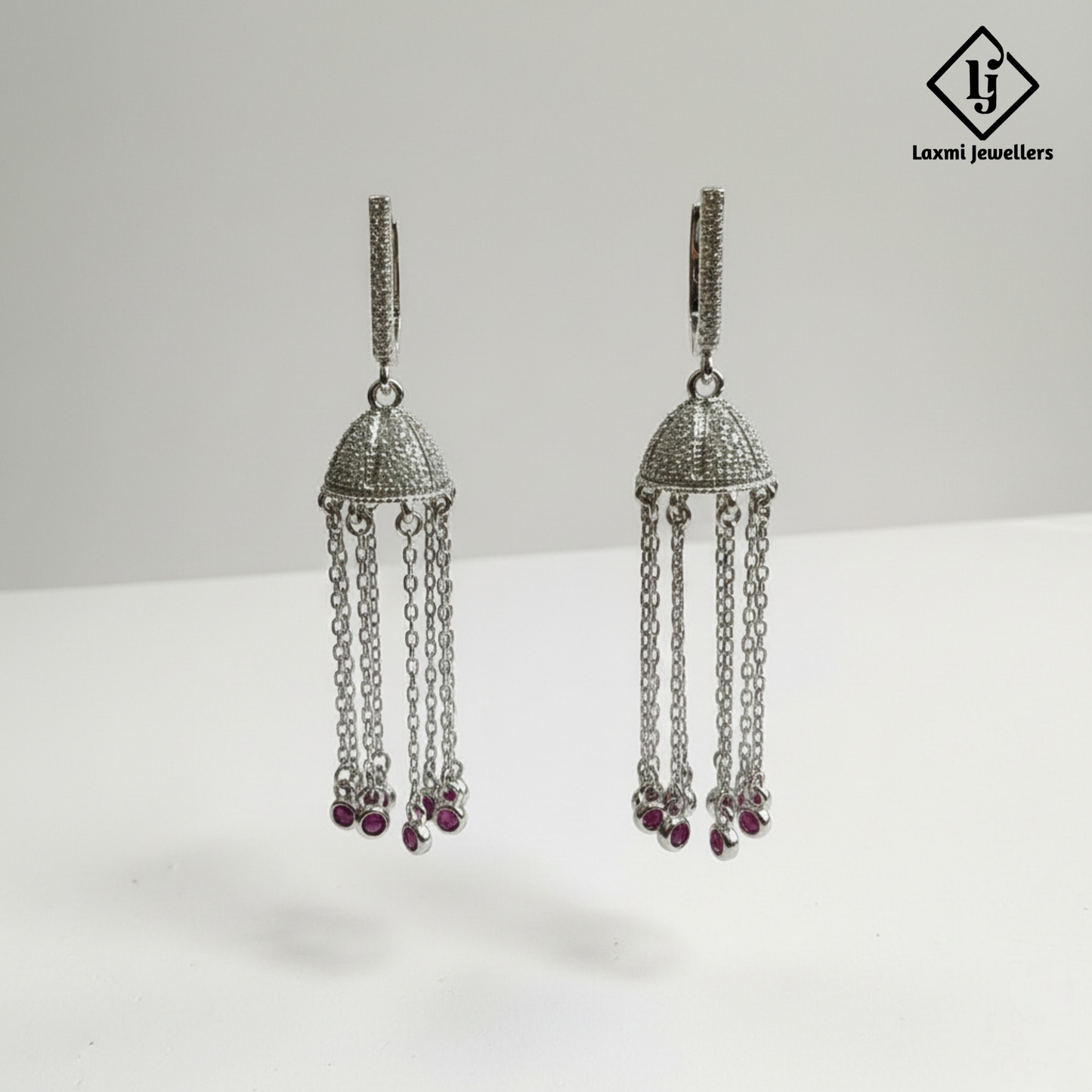 925 Sterling Silver Bali Style Tassel Earrings with Pink Stone | Designer Silver Earrings