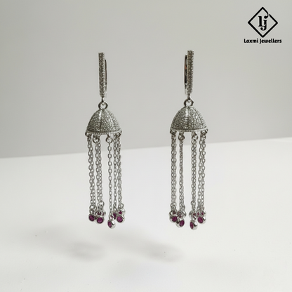 925 Sterling Silver Bali Style Tassel Earrings with Pink Stone | Designer Silver Earrings