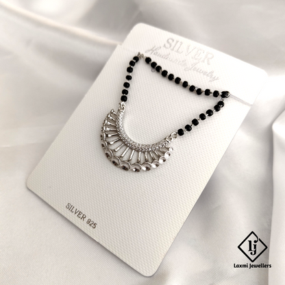 Elegant 925 Sterling Silver Mangalsutra with Black Beads and Modern Pendant Design