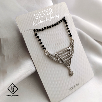 925 Sterling Silver Mangalsutra Necklace with Sparkling Crystal Pendant – Traditional Black Beads Design