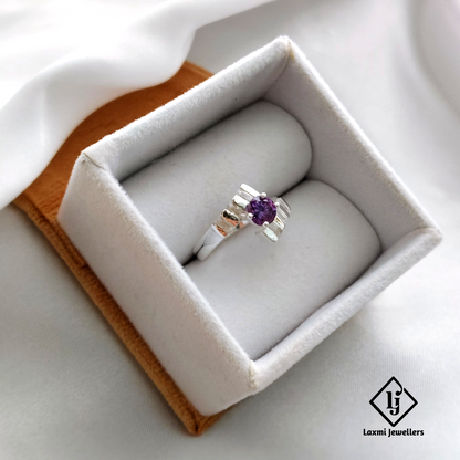 Sterling Silver Amethyst Solitaire Ring – Elegant Geometric Design | 925 Silver Ring